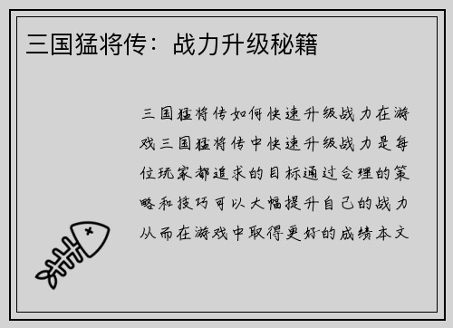 三国猛将传：战力升级秘籍